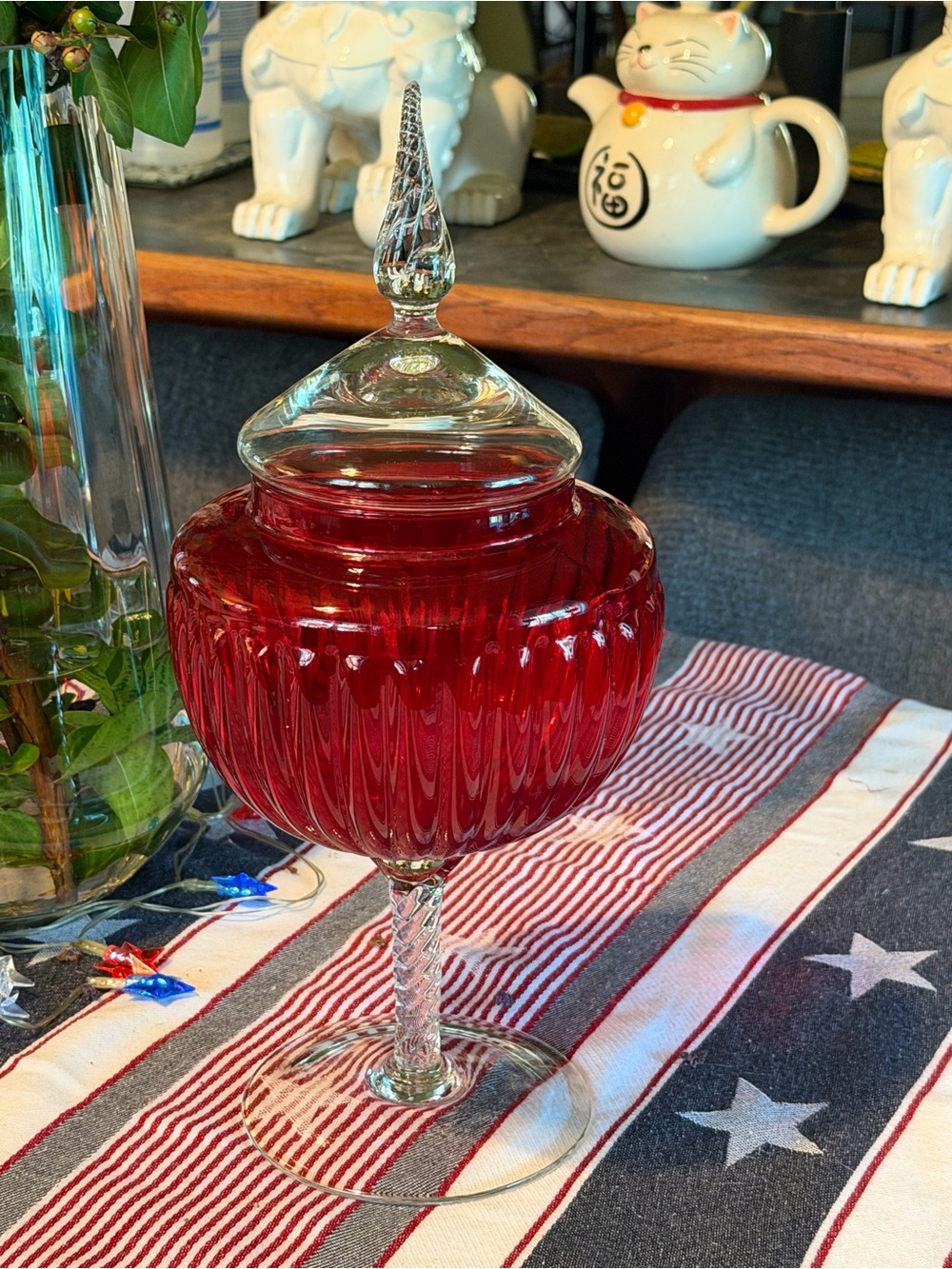Crystal Ruby Red Covered Candy Jar - Clear Stem-Circus Tent Lid -Apothecary Jar